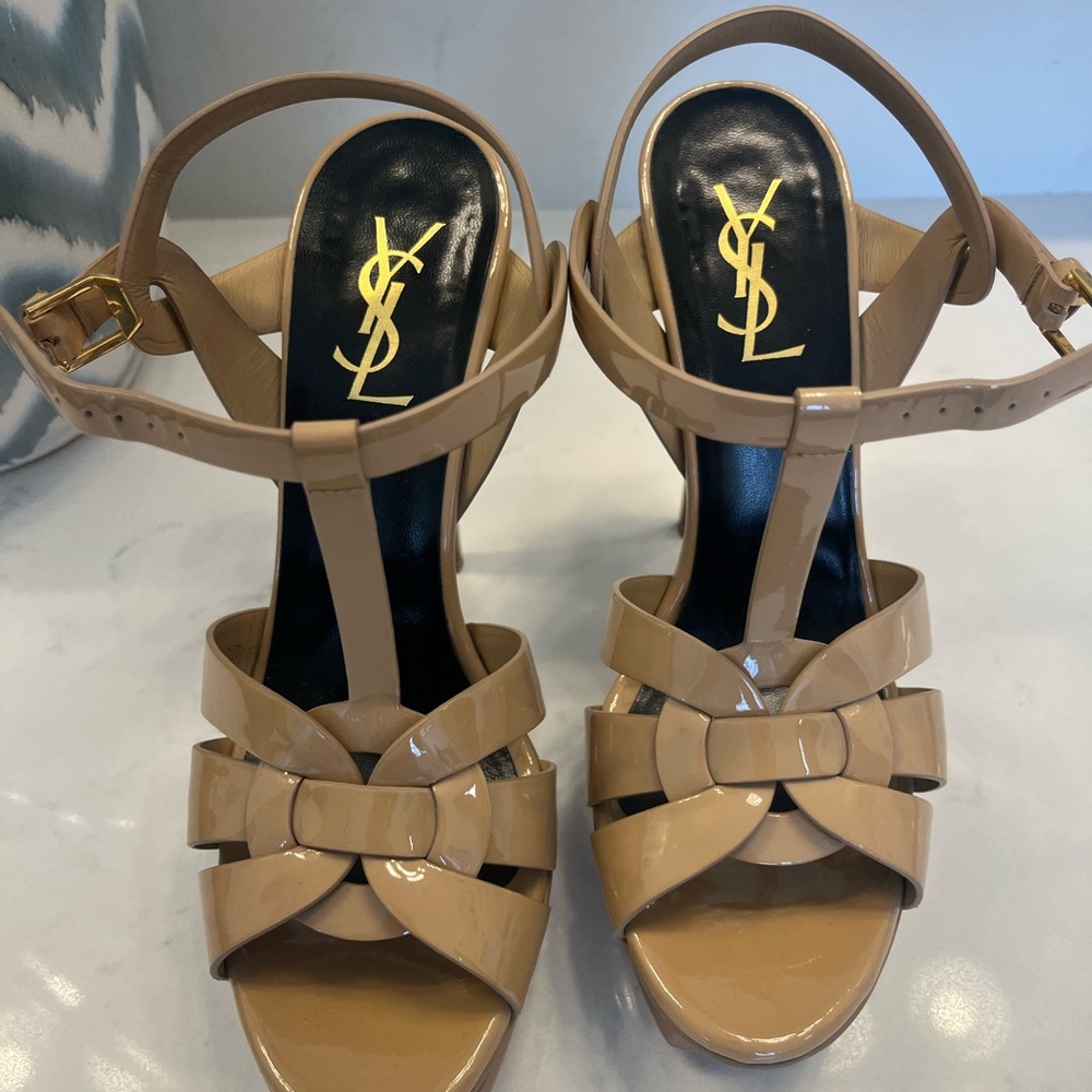 Yves Saint Laurent Patent, beige heels, size 37 1/2. Gently used.